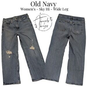 Old Navy Wide Leg Jeans Womens 14 Sky Hi Rise Med Wash Distressed Baggy 90's y2k
